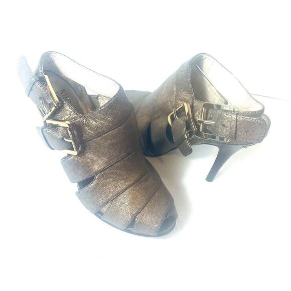 Michael Kors Womens Sz 6M Bronze Leather Peep Toe Wrap Stiletto Heels Sling Back - Picture 2 of 10